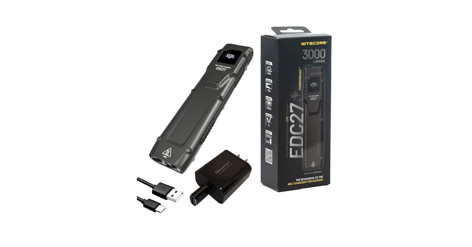 EdisonBright Nitecore EDC27 3000 Lumen USB Rechargeable Slim